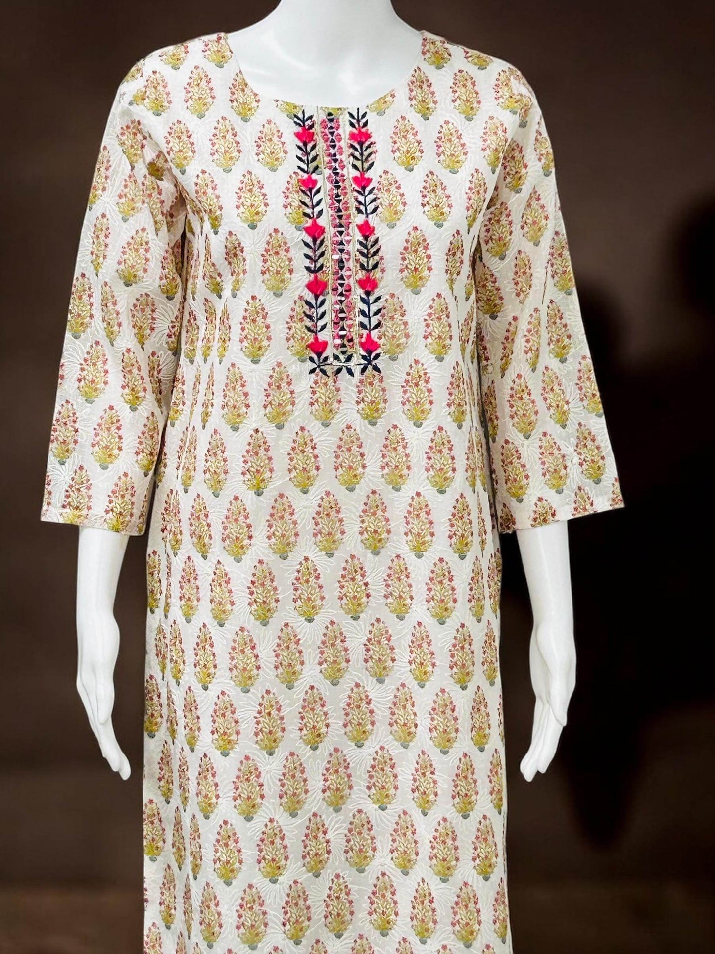 Chikankari cotton Kurti with block print
