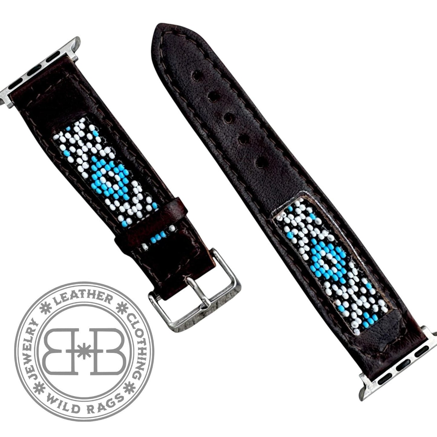 Western Native Seed Bead Leather Apple Watch Band by Double B Wild Rags Fits 42mm 44mm 45mm