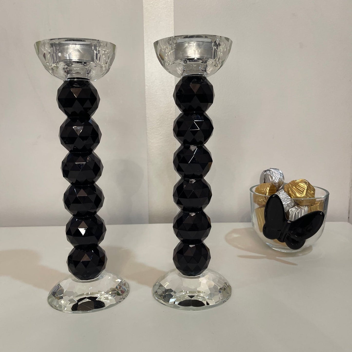 Pair of 10” Two Tone Crystal Ball Candlesticks