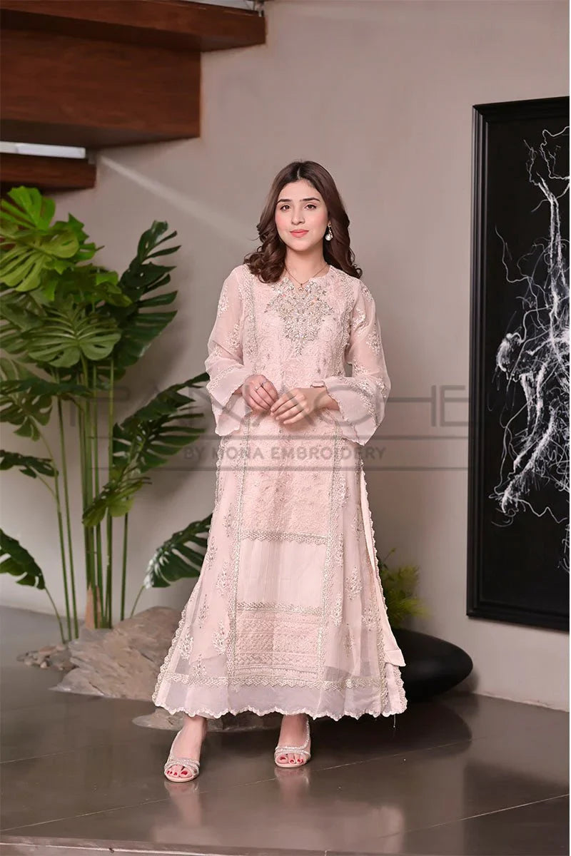 Panache - K-228 Pink 3 Piece Embroidered Khaddi Net Suit