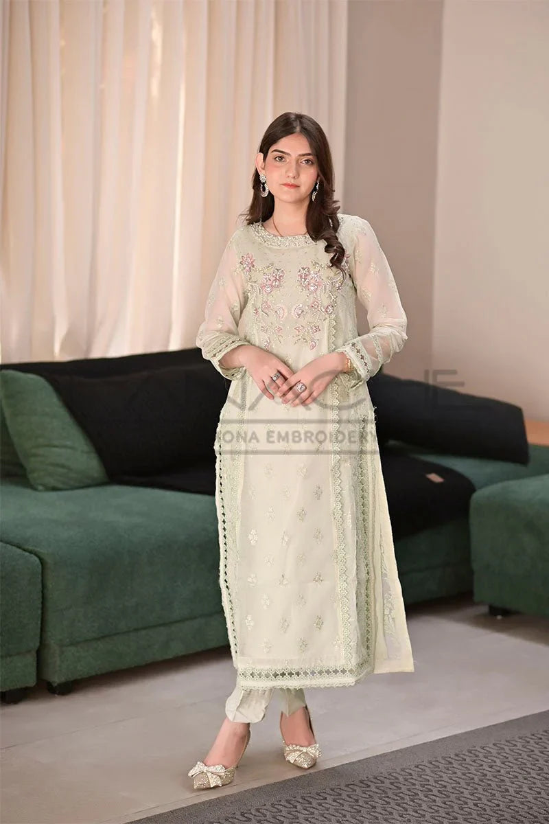 Panache - K-232 Mint Green 3 Piece Embroidered Khaddi Net Suit