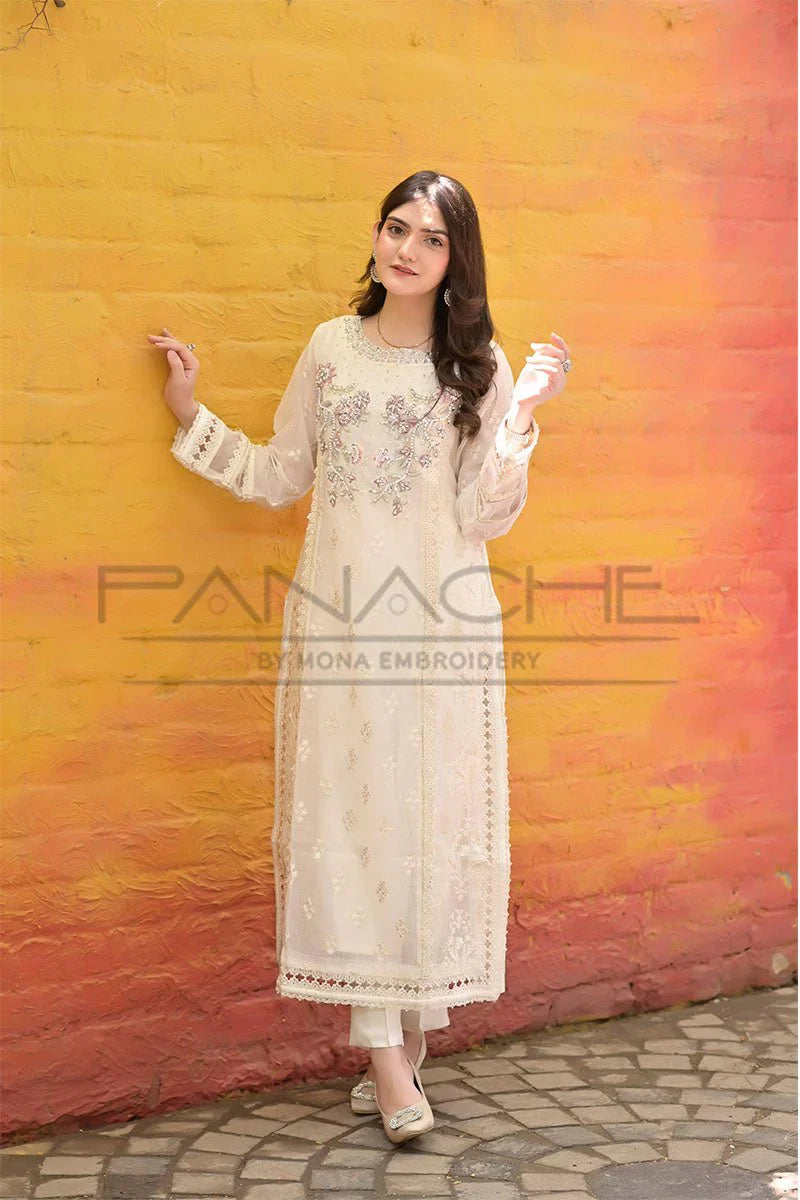 Panache - K-232 Off White 3 Piece Embroidered Khaddi Net Suit