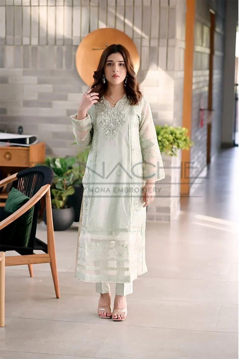 Panache - K-234 Mint Green 3 Piece Embroidered Khaddi Net Suit