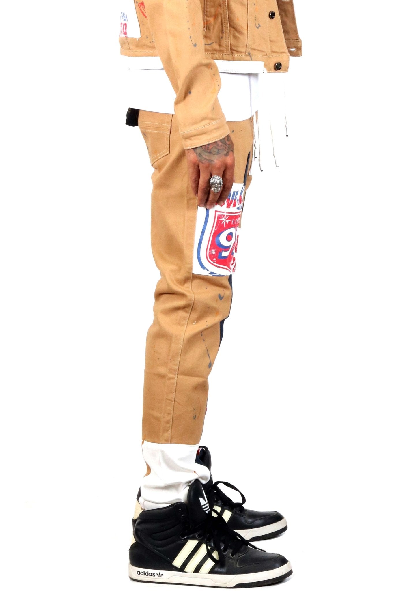 Antelope Men's graphic print patches with cut and sew cotton timber washed stretchable skinny twill pants - Concordia Style Boutique