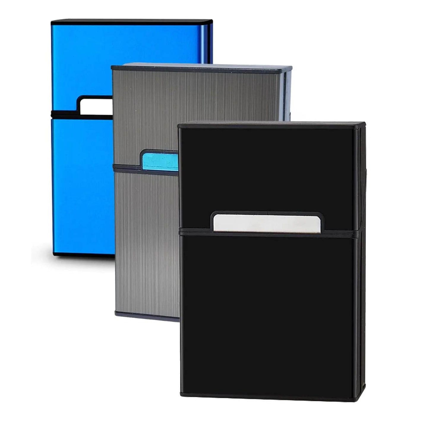 Cigarette Case - Aluminum Magnetic Switch- 20 Capacity - 3 Pack (Gray+Blue+Black) 85 mm) - Concordia Style Boutique