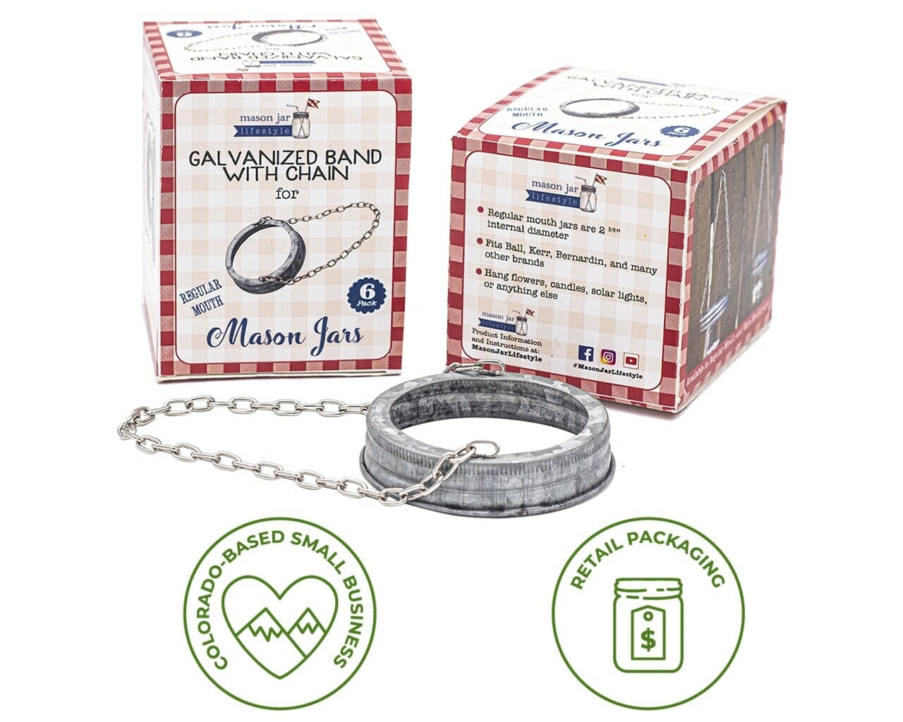 Galvanized Band with Chain Handle for Mason Jars 6 Pack - Concordia Style Boutique