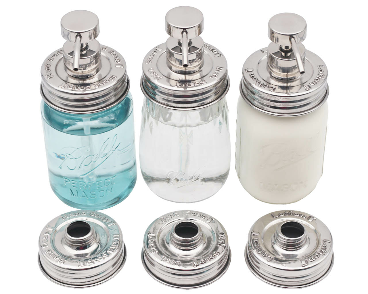 "Hand Soap," "Dish Soap," and "Lotion" Embossed Shiny Dispenser Pumps for Regular Mouth Mason Jars 3 Pack - Premium Mason Jar from Mason Jar Lifestyle - Just $27.99! Shop now at Concordia Style Boutique
