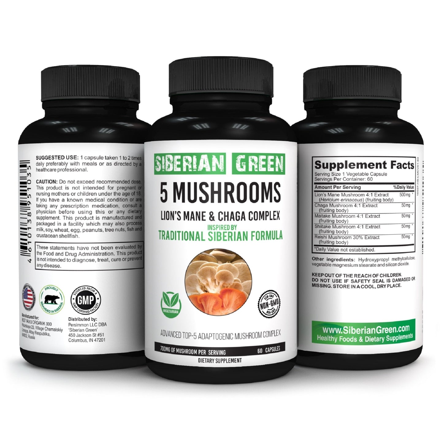 5 Mushrooms Siberian Green Lions Mane Chaga Shiitake Maitake Reishi 60 Caps - Concordia Style Boutique