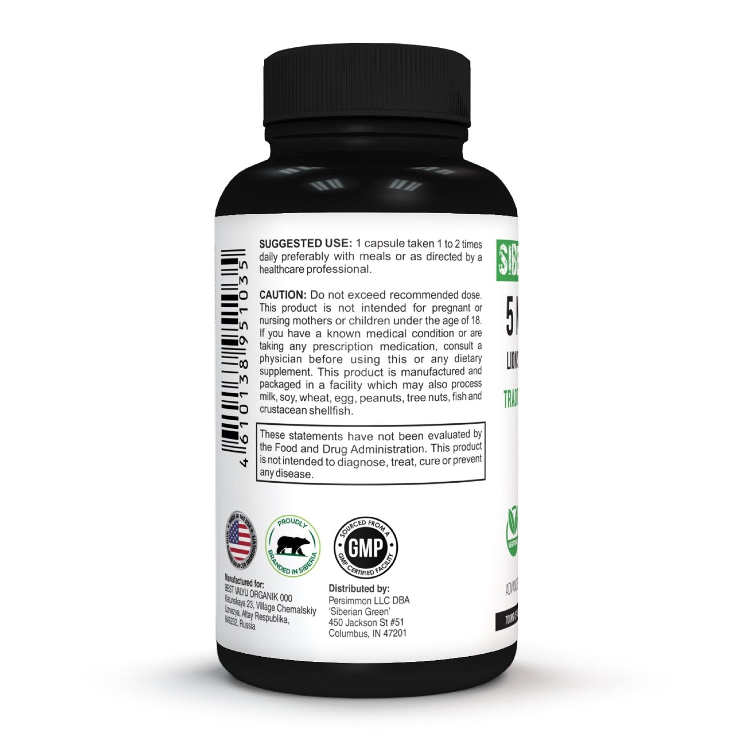 5 Mushrooms Siberian Green Lions Mane Chaga Shiitake Maitake Reishi 60 Caps - Concordia Style Boutique