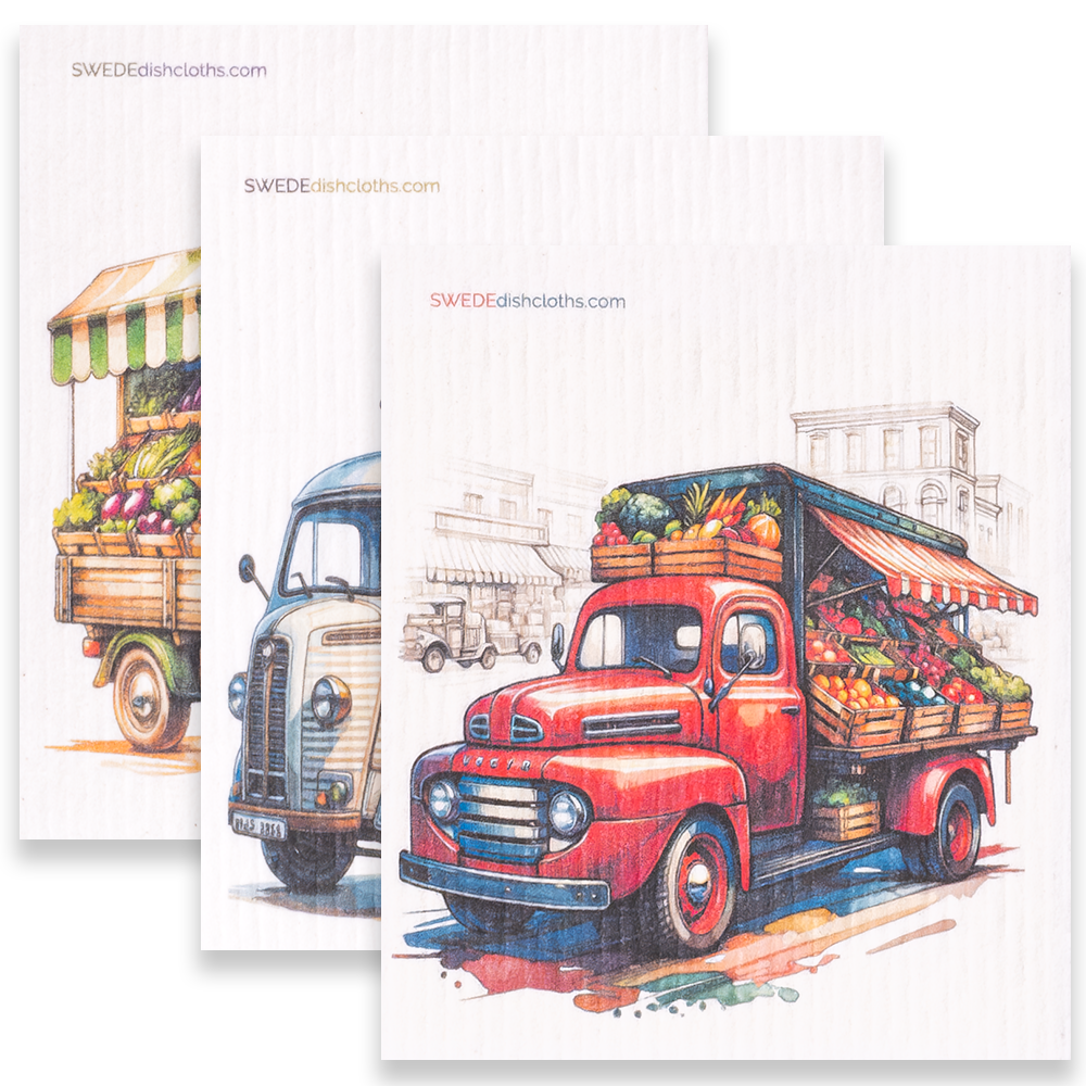 Eco-Friendly Swedish Dishcloths - Mixed Produce Trucks Set of 3 (Paper Towel Replacements, One of Each Design) - Concordia Style Boutique
