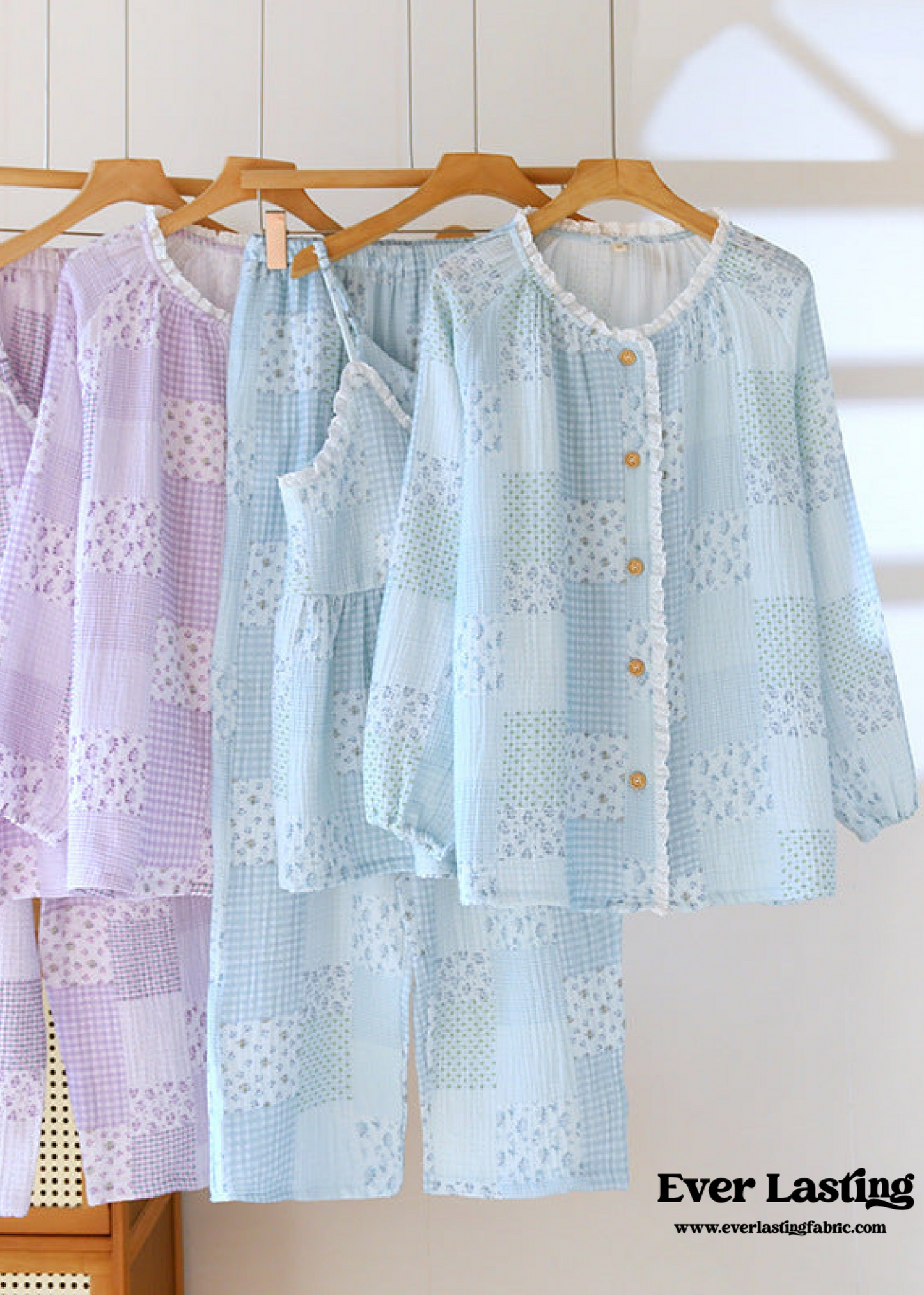 Patchwork Floral Cardigan Pajama Set / Blue