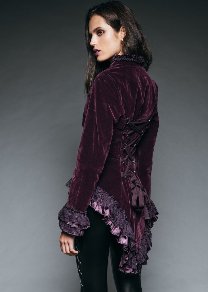 Witchy Woman Purple Velvet Steampunk Tail Jacket with Back Lacing - Concordia Style Boutique