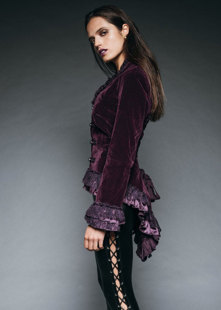Witchy Woman Purple Velvet Steampunk Tail Jacket with Back Lacing - Concordia Style Boutique