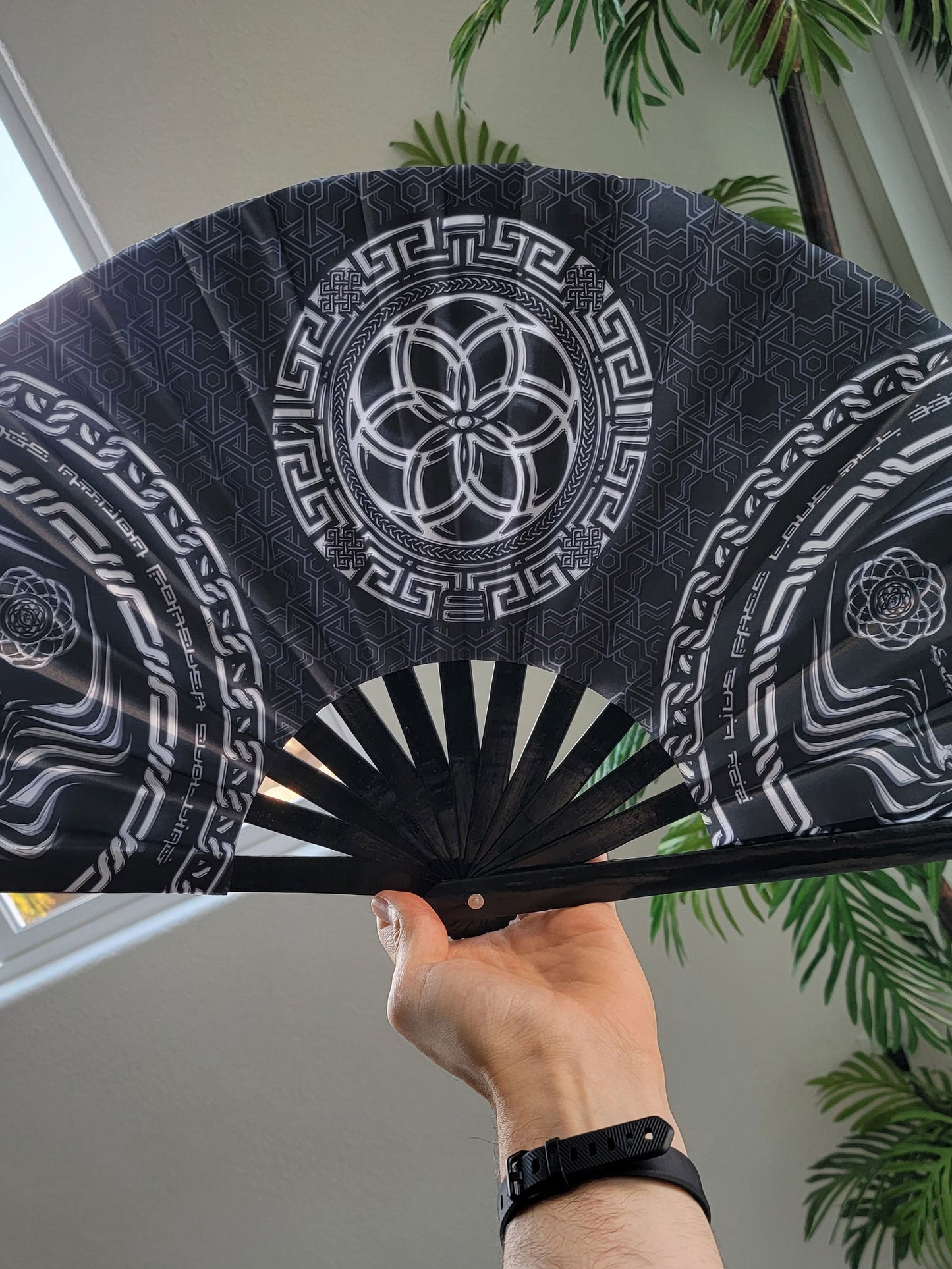 FOREVER EVOLVING SCARAB • BLACK/WHITE • Double-sided XL Bamboo Folding Fan - Concordia Style Boutique