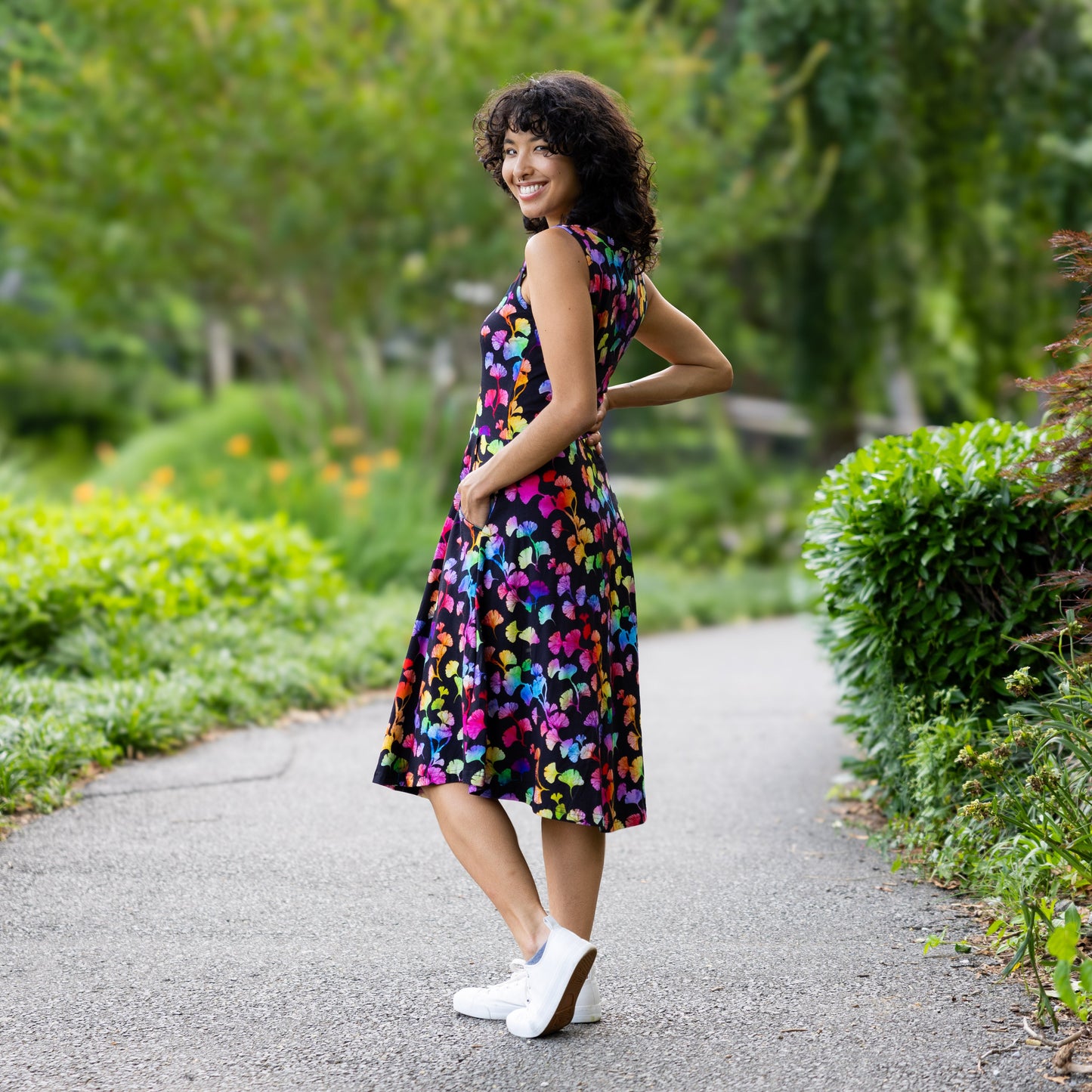 Rainbow Ginkgo Leaves Sleeveless Fit & Flare Dress