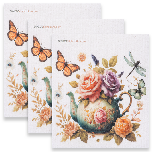 Eco-Friendly Swedish Dishcloths - Roses with Butterflies Set of 3 (Paper Towel Replacements) - Concordia Style Boutique