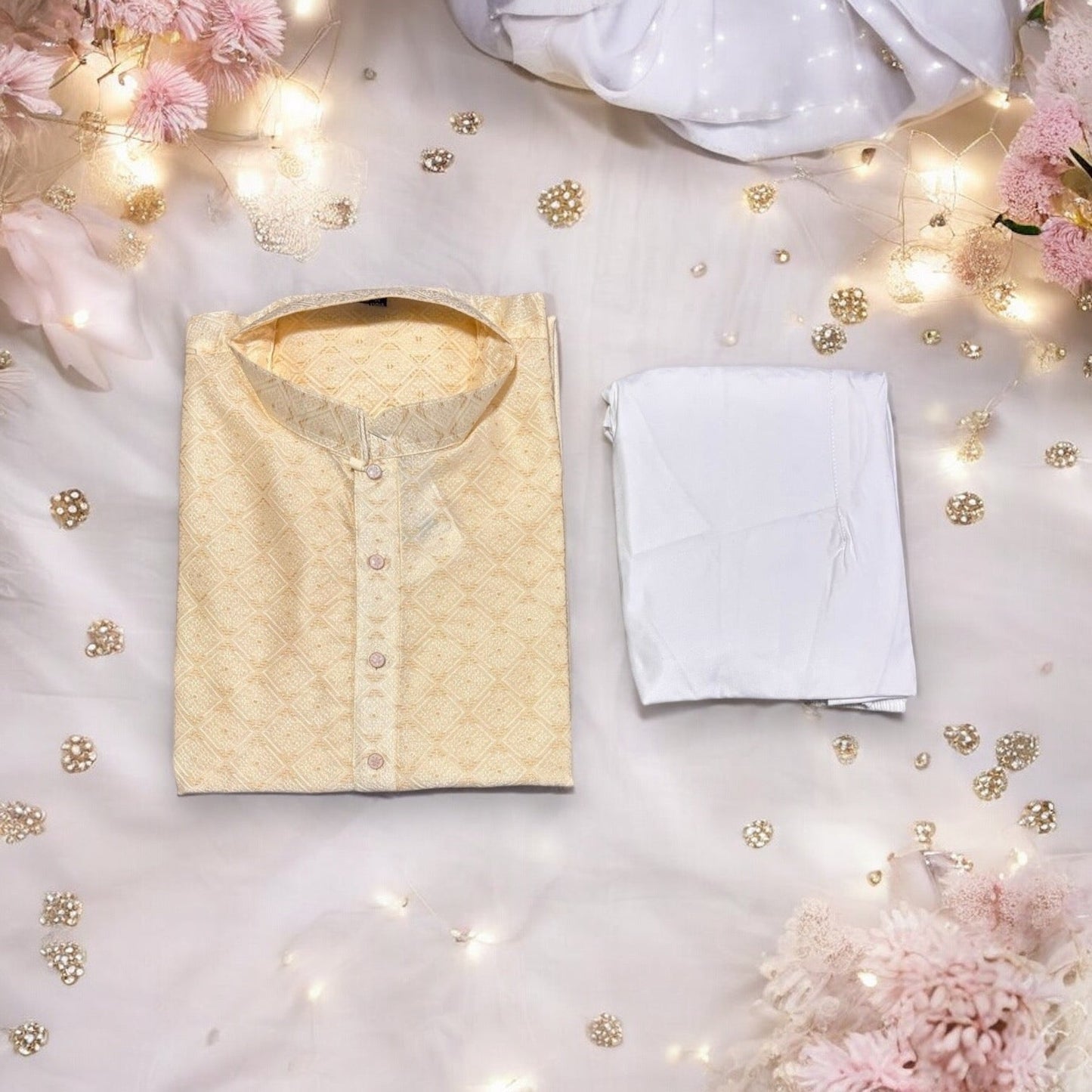 Mens Cream Color Traditional Silk Kurta Pajama- 6646