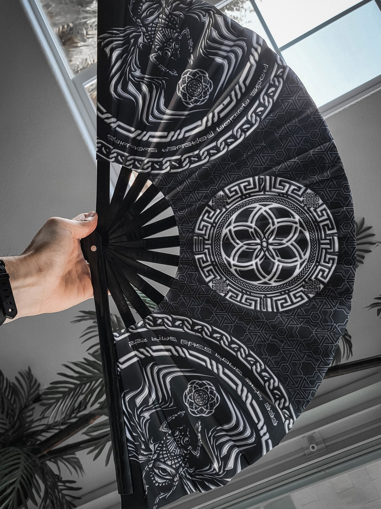 FOREVER EVOLVING SCARAB • BLACK/WHITE • Double-sided XL Bamboo Folding Fan - Concordia Style Boutique