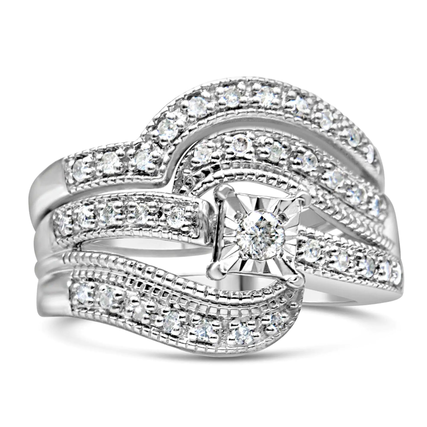 *45 Left* .925 Sterling Silver 1/3 Cttw Round Diamond Crisscross Engagement Ring Bridal Set (H-I Color, I1-I2 Clarity ) - Concordia Style Boutique