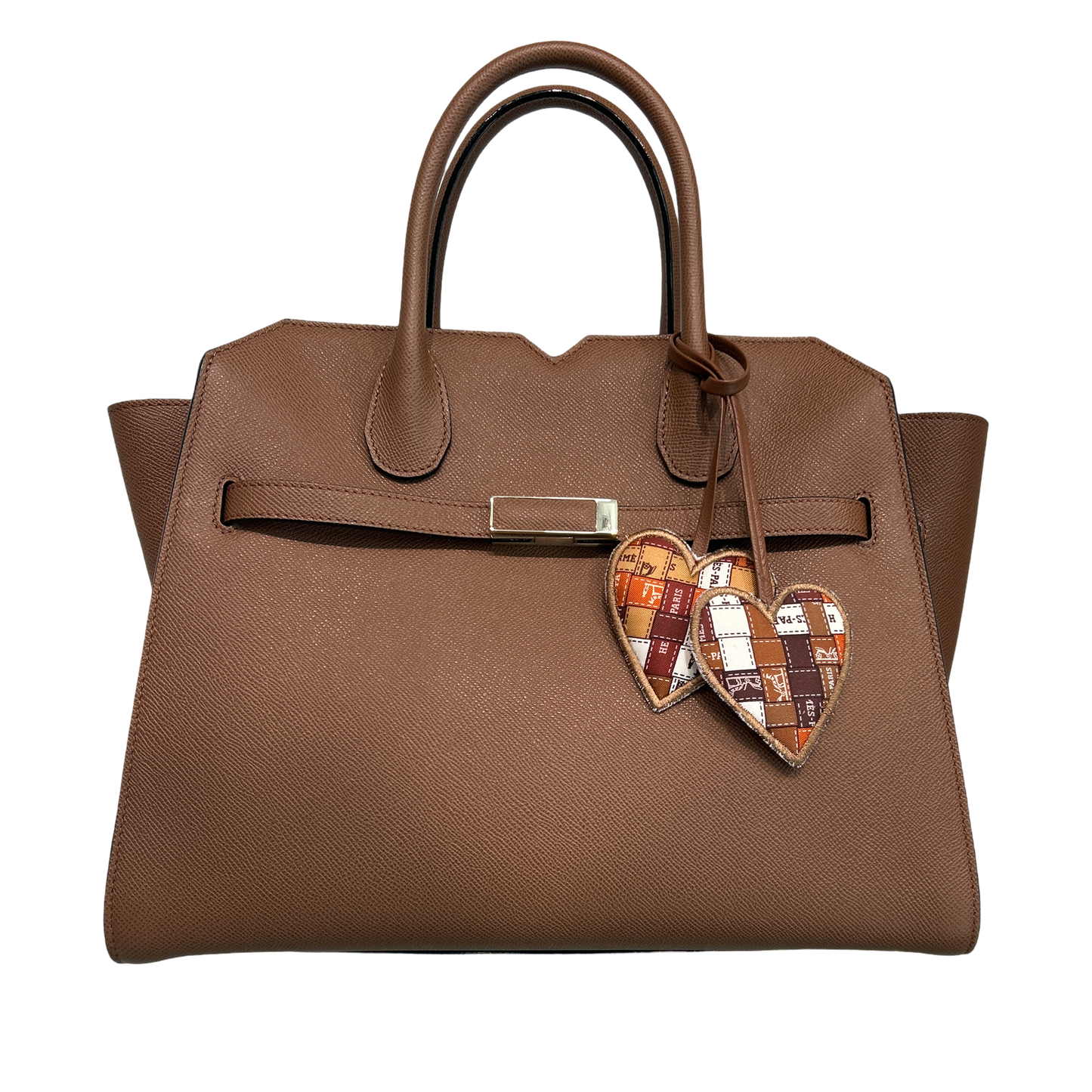 Trotter Brown Vintage Silk Scarf Double Heart Bag Charm