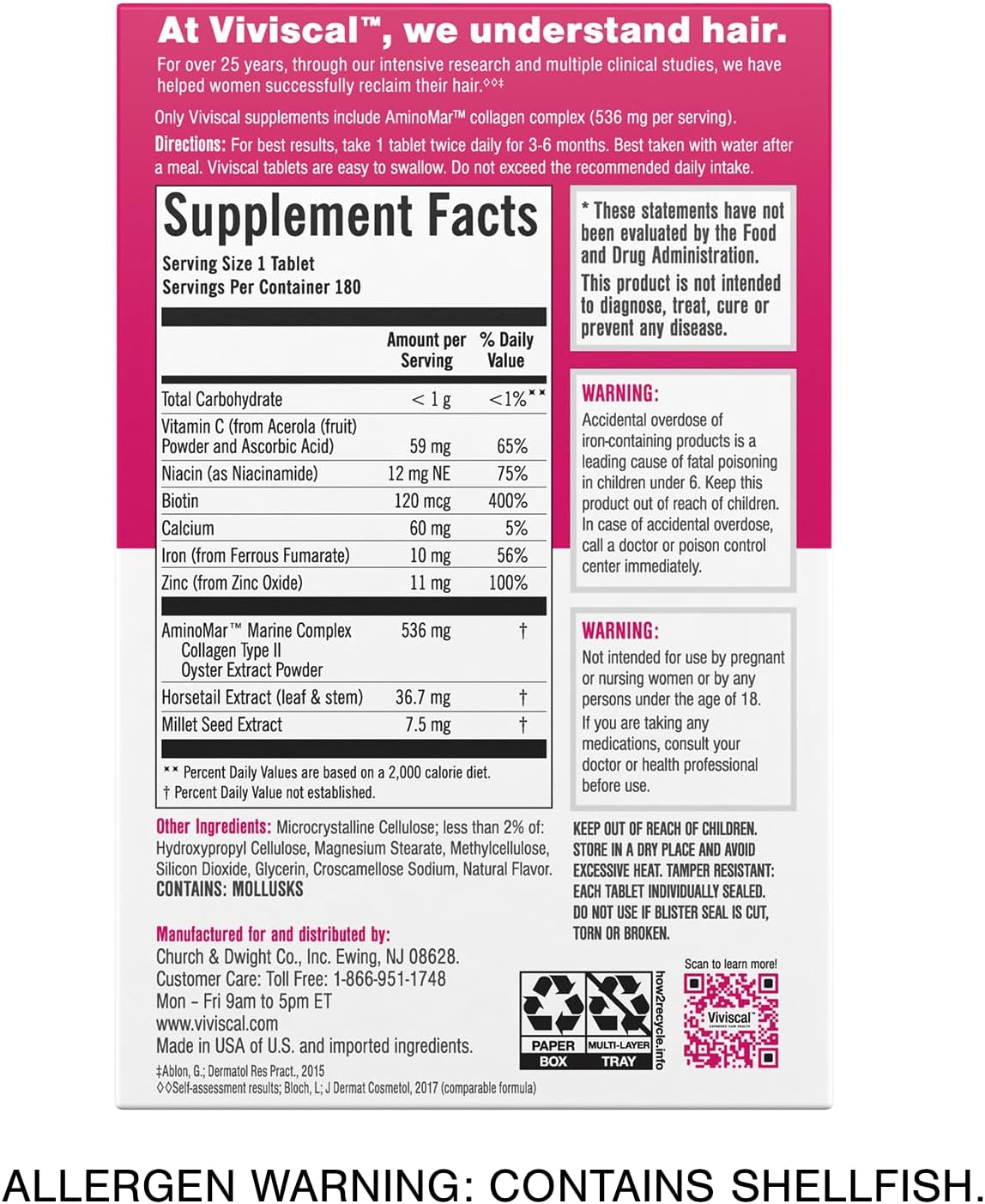 Viviscal Hair Growth Supplements For Women For Thicker, Fuller Hair, Nourishes Thinning & Loss, With Proprietary Collagen Complex, 180 Tablets - Clearance Sale