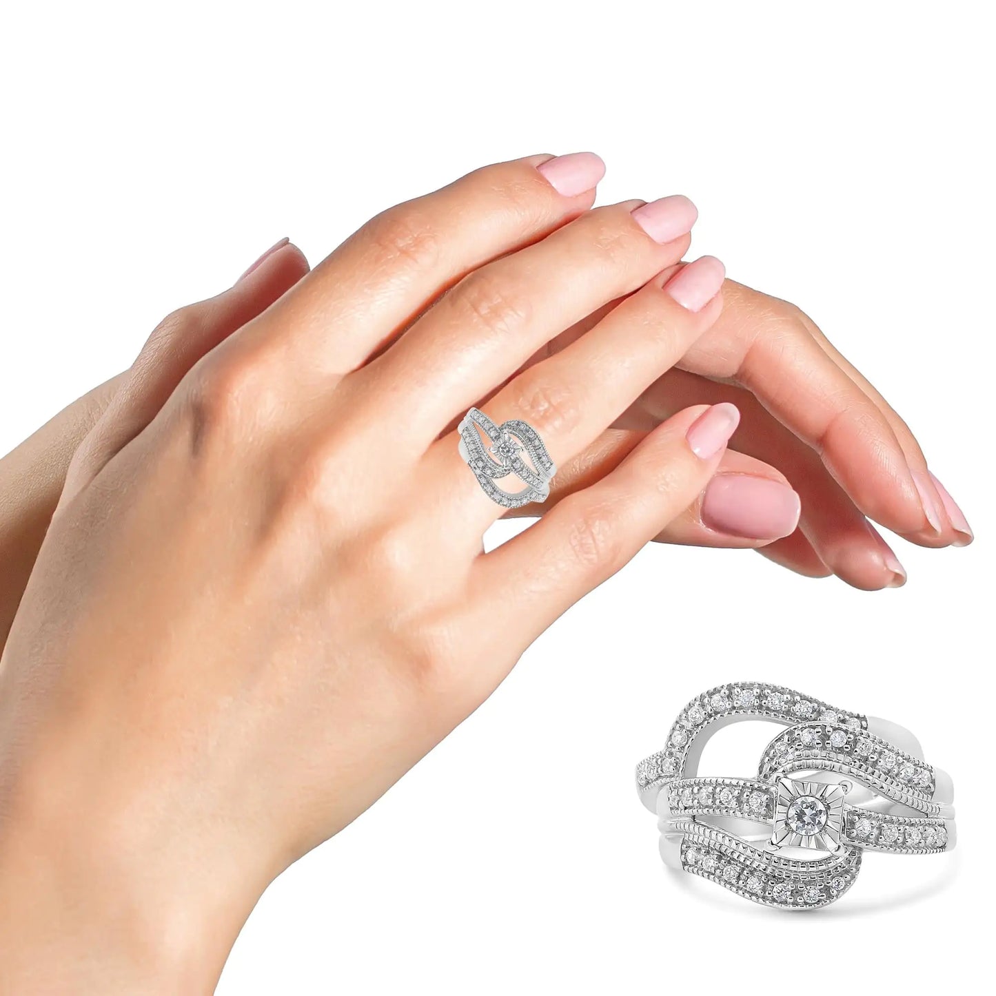 *45 Left* .925 Sterling Silver 1/3 Cttw Round Diamond Crisscross Engagement Ring Bridal Set (H-I Color, I1-I2 Clarity ) - Concordia Style Boutique