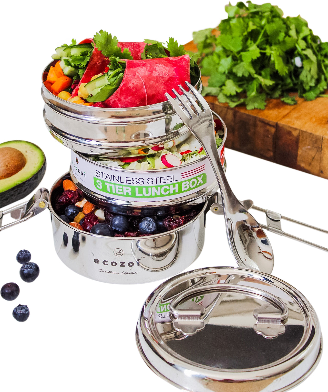 Stainless Steel Lunch Box, 3 Tier Round with Spork, 40 Oz - Concordia Style Boutique