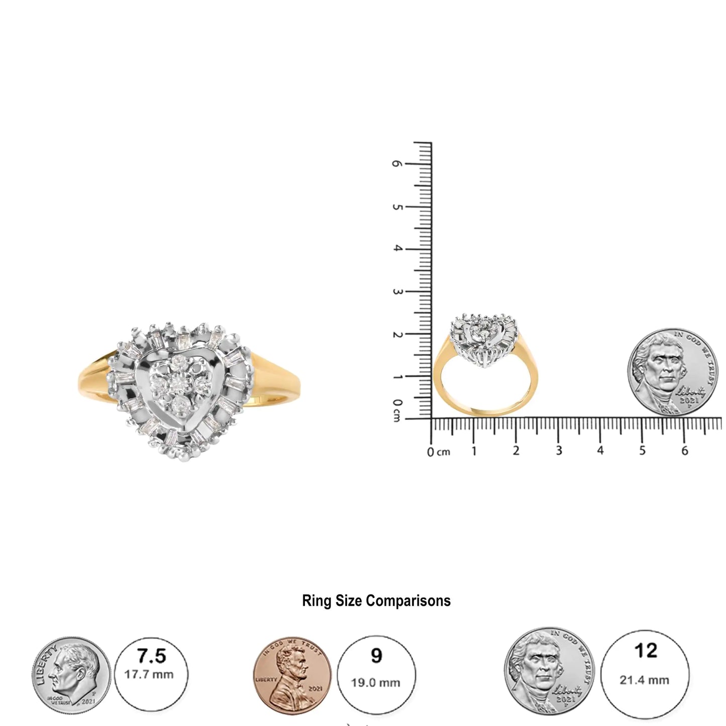 *1 Left* 10K Yellow Gold 1/4 Cttw Round and Baguette cut Diamond Heart Shape Ballerina Ring (H-I Color, I1-I2 Clarity) - Concordia Style Boutique