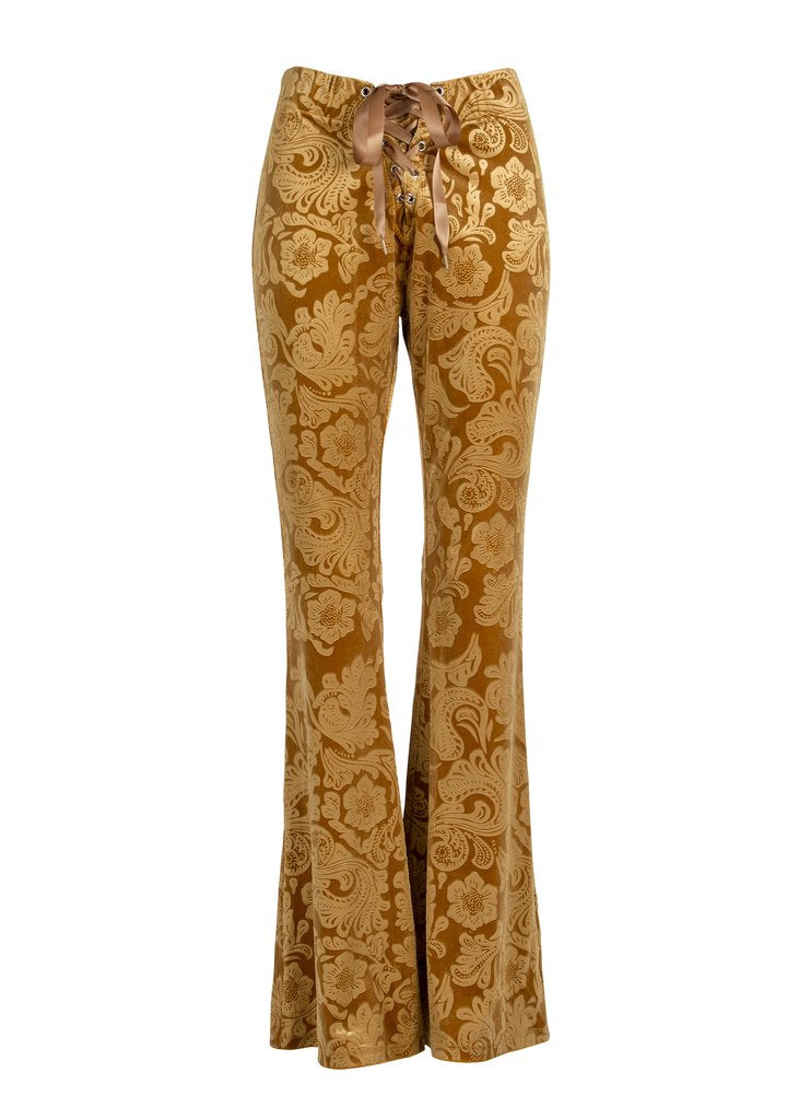 Desert Rose Mustard Yellow Burnout Velvet Flared Bell Bottom Pants - Concordia Style Boutique