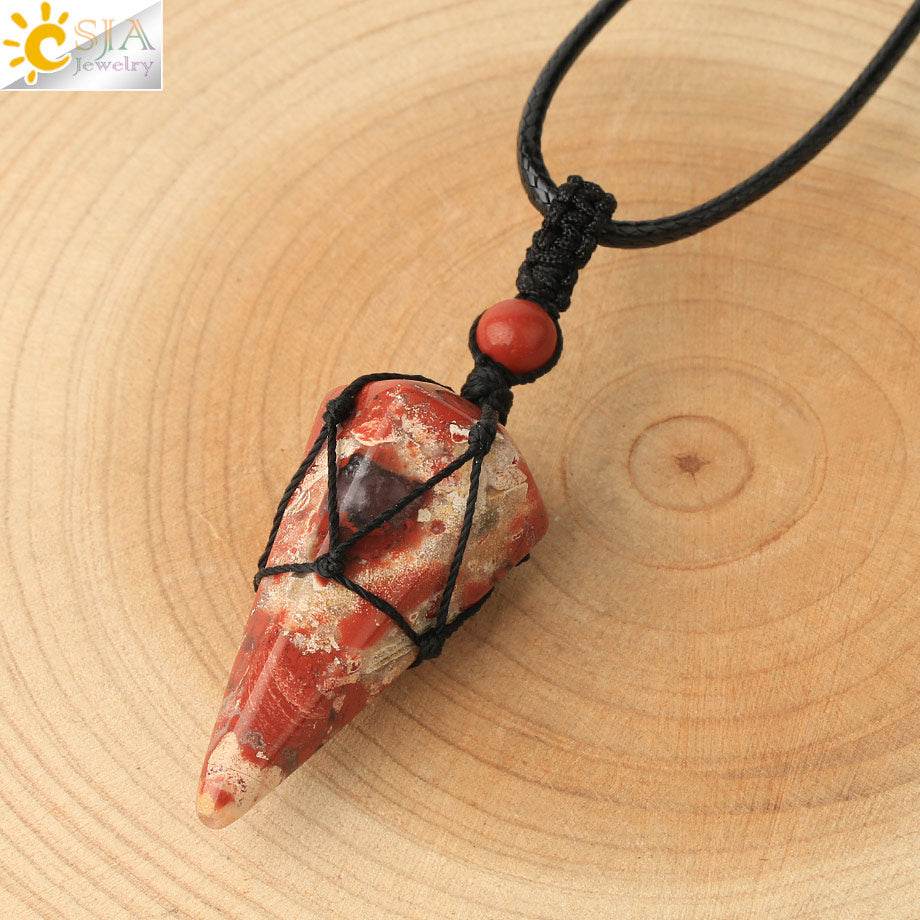 CSJA Natural Stone Cone Pendants Crystal Quartz Black Rope Wrapped Treatment Stones Necklace for Men Female Fashion Jewelry G173 - Concordia Style Boutique