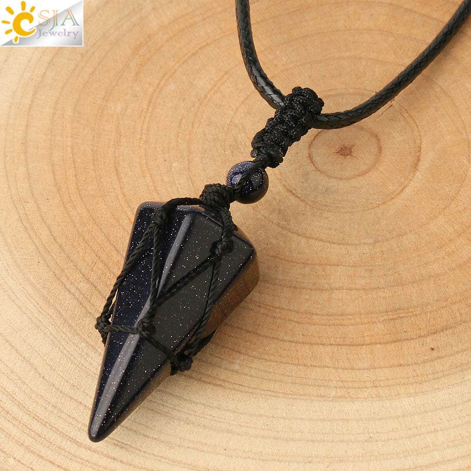 CSJA Natural Stone Cone Pendants Crystal Quartz Black Rope Wrapped Treatment Stones Necklace for Men Female Fashion Jewelry G173 - Concordia Style Boutique