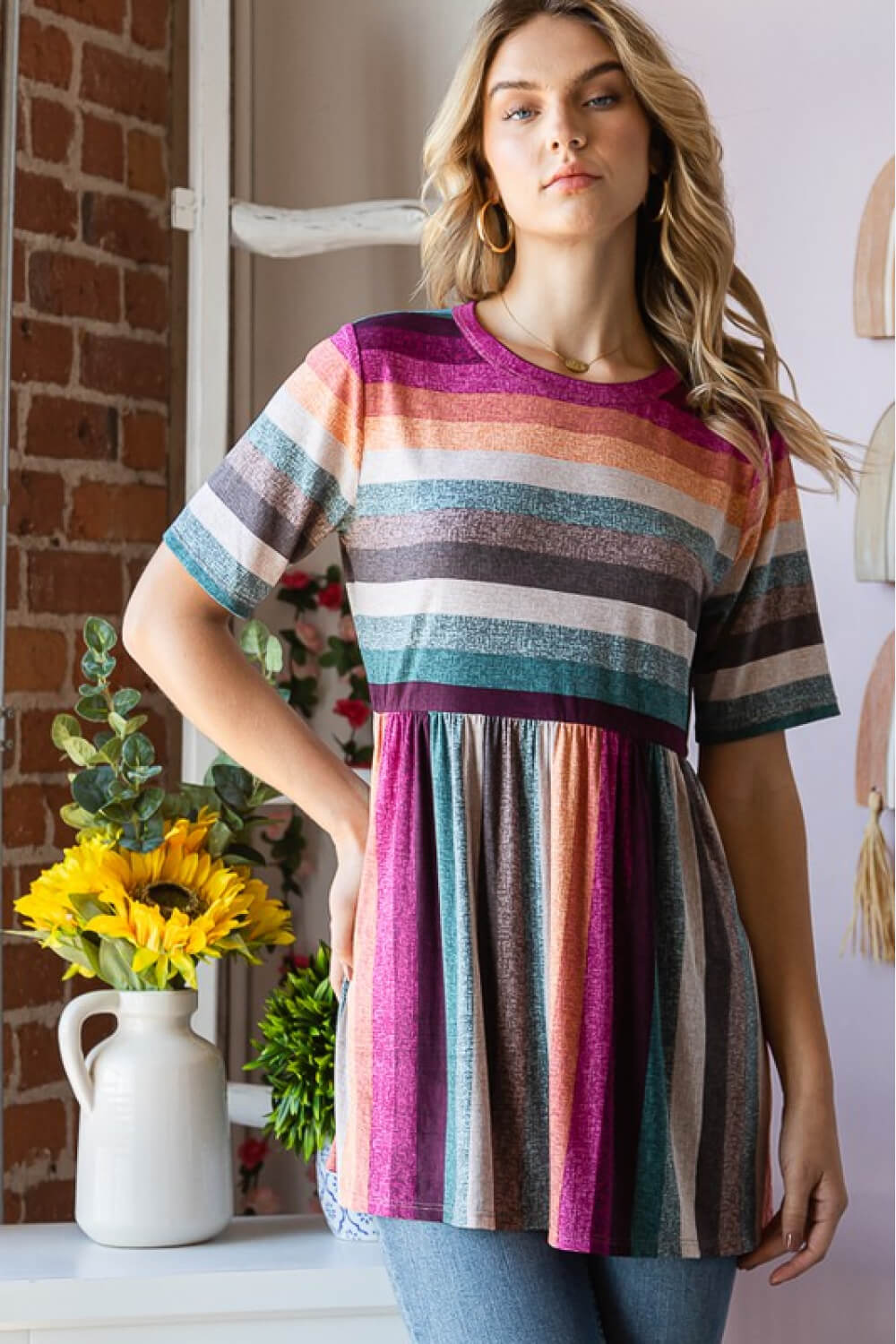 Heimish Full Size Striped Round Neck Babydoll Tee in Fuchsia Multi - Premium clothing from Trendsi - Just $14.18! Shop now at Concordia Style Boutique