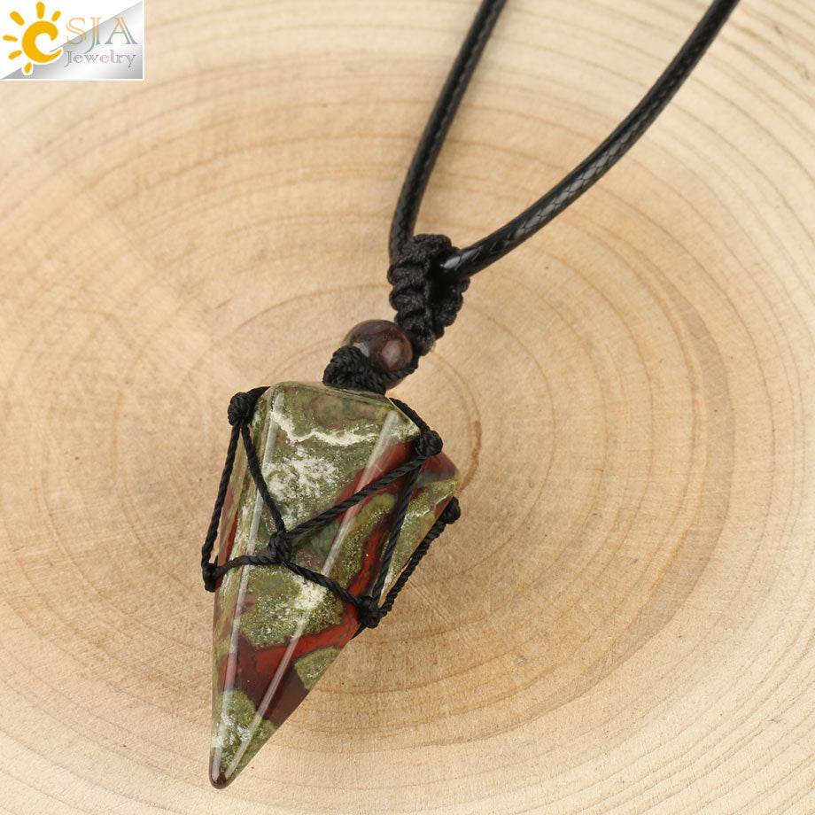 CSJA Natural Stone Cone Pendants Crystal Quartz Black Rope Wrapped Treatment Stones Necklace for Men Female Fashion Jewelry G173 - Concordia Style Boutique