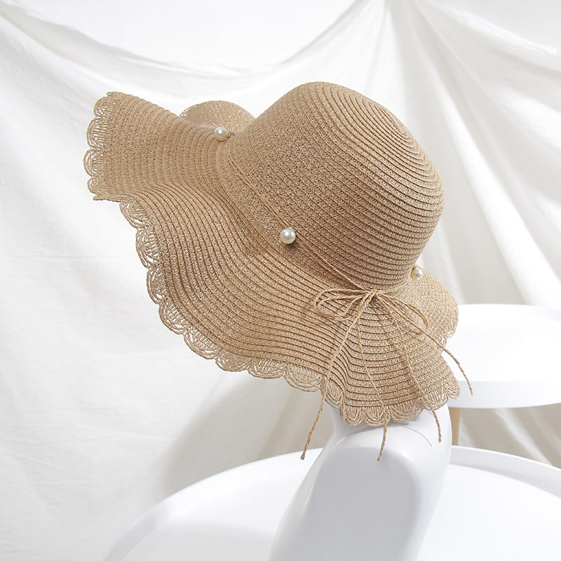 Straw Hat Women's Summer Wave along Pearl Bow Wide Brim Hat Korean Style Travel Beach Sun Protection Sun Hat