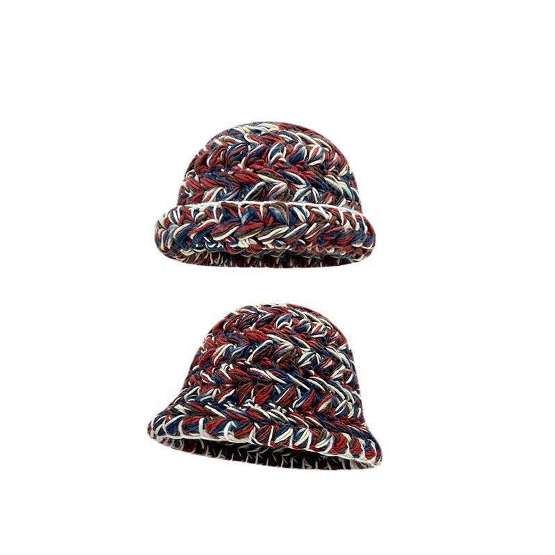 Japanese-Style Retro Mixed Color Thick Needle Handmade Knitted Wool Bucket Hat Female Autumn and Winter Thick Warm Curled Brim Basin Hat - Concordia Style Boutique