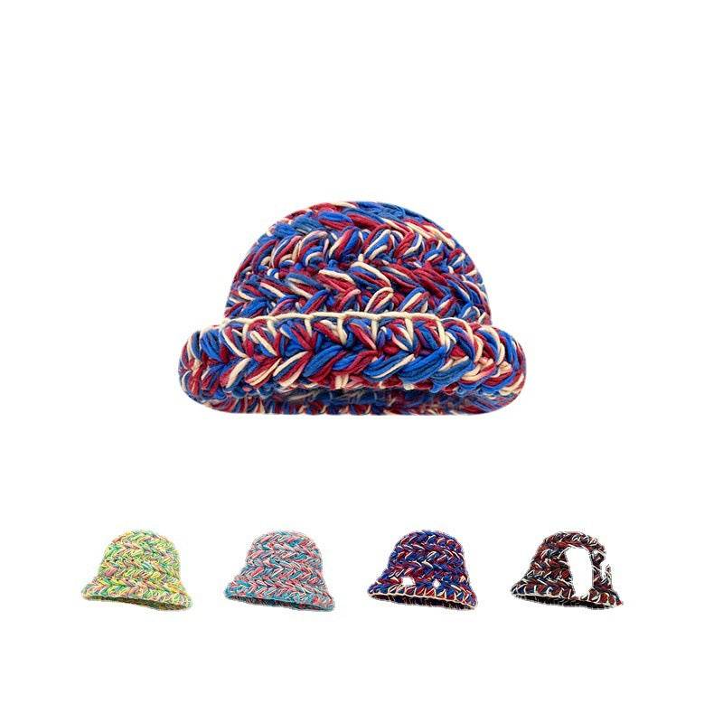 Japanese-Style Retro Mixed Color Thick Needle Handmade Knitted Wool Bucket Hat Female Autumn and Winter Thick Warm Curled Brim Basin Hat - Concordia Style Boutique