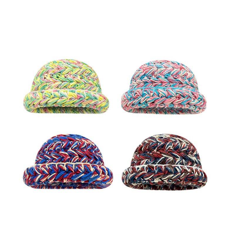 Japanese-Style Retro Mixed Color Thick Needle Handmade Knitted Wool Bucket Hat Female Autumn and Winter Thick Warm Curled Brim Basin Hat - Concordia Style Boutique