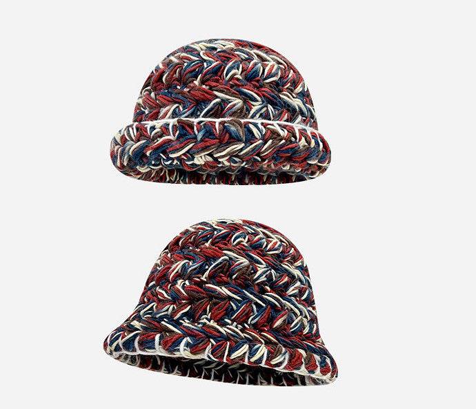 Japanese-Style Retro Mixed Color Thick Needle Handmade Knitted Wool Bucket Hat Female Autumn and Winter Thick Warm Curled Brim Basin Hat - Concordia Style Boutique