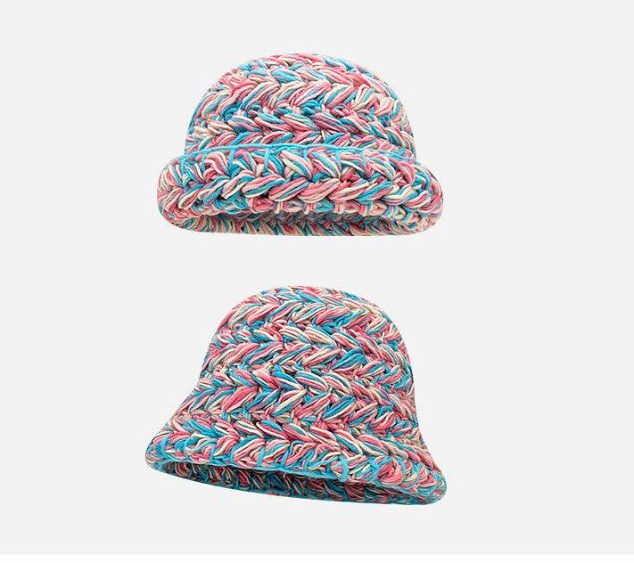 Japanese-Style Retro Mixed Color Thick Needle Handmade Knitted Wool Bucket Hat Female Autumn and Winter Thick Warm Curled Brim Basin Hat - Concordia Style Boutique