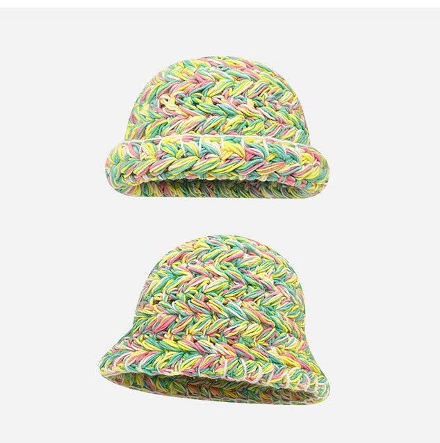 Japanese-Style Retro Mixed Color Thick Needle Handmade Knitted Wool Bucket Hat Female Autumn and Winter Thick Warm Curled Brim Basin Hat - Concordia Style Boutique