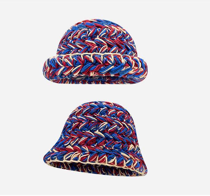 Japanese-Style Retro Mixed Color Thick Needle Handmade Knitted Wool Bucket Hat Female Autumn and Winter Thick Warm Curled Brim Basin Hat - Concordia Style Boutique