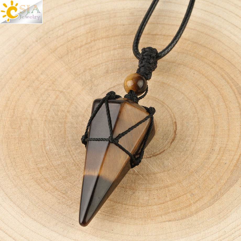 CSJA Natural Stone Cone Pendants Crystal Quartz Black Rope Wrapped Treatment Stones Necklace for Men Female Fashion Jewelry G173 - Concordia Style Boutique