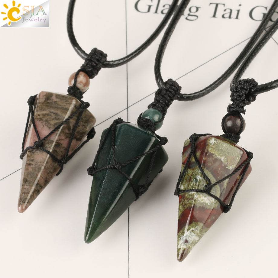 CSJA Natural Stone Cone Pendants Crystal Quartz Black Rope Wrapped Treatment Stones Necklace for Men Female Fashion Jewelry G173 - Concordia Style Boutique