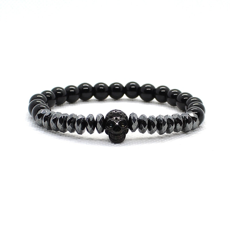 Matte Onyx Stone Beads Skull Bracelet Set Crown - Concordia Style Boutique