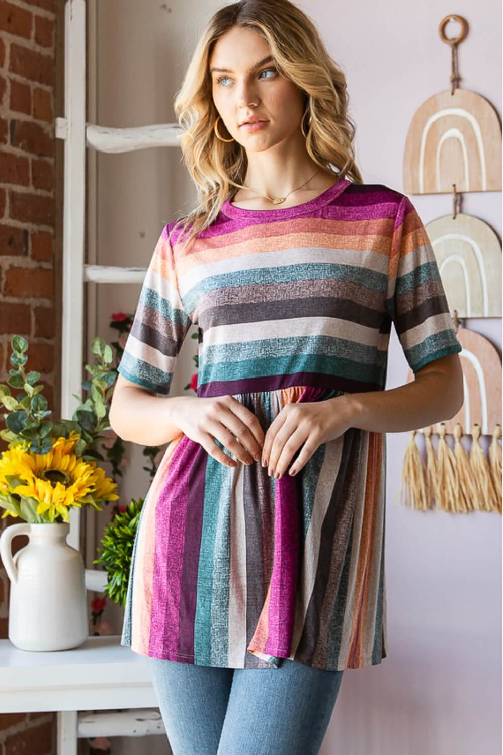 Heimish Full Size Striped Round Neck Babydoll Tee in Fuchsia Multi - Premium clothing from Trendsi - Just $14.18! Shop now at Concordia Style Boutique