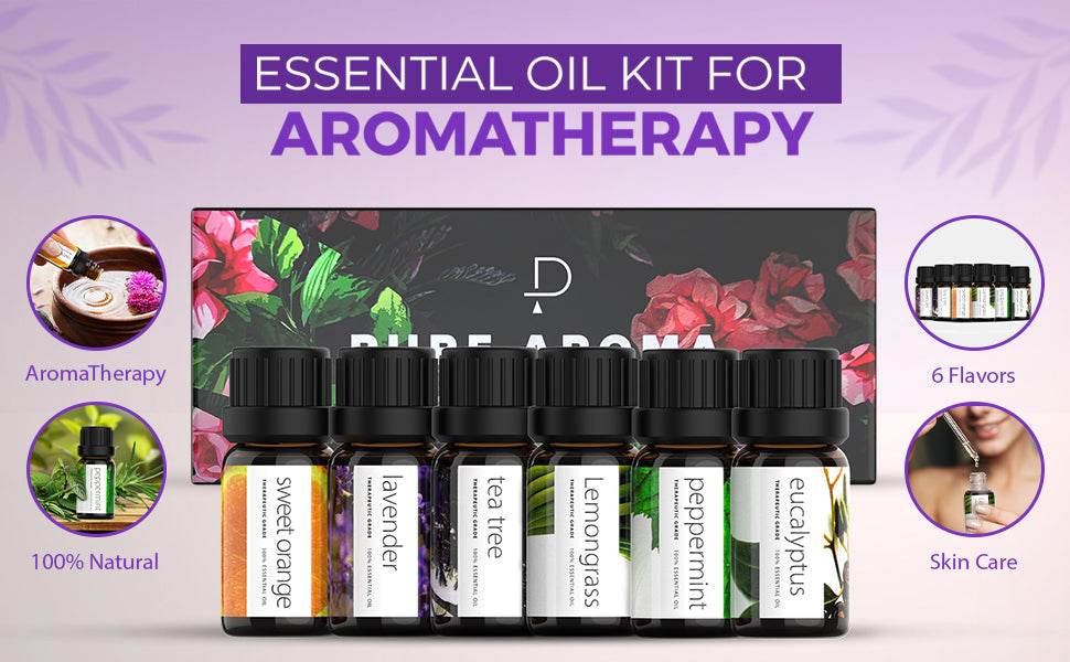 Essential Oils by PURE AROMA 100% Pure Oils kit- Top 6 Aromatherapy Oils Gift Set-6 Pack, 10ML(Eucalyptus, Lavender, Lemon Grass, Orange, Peppermint, Tea Tree) - Concordia Style Boutique