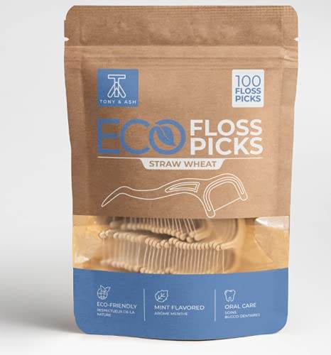 100 Mint Flavored Floss Picks | BPA Free, Eco-Friendly for Adults and Kids | Very Durable Sustainable Straw Wheat (100 Count, Mint) - Concordia Style Boutique