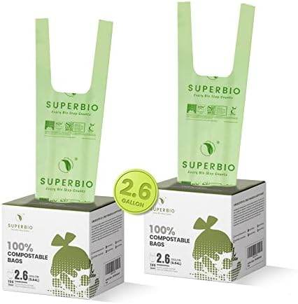 SUPERBIO 2.6 Gallon Compostable Handle Tie Bags, 100 Count,1 Pack, Small Compost Garbage Bags with Handle, Food scrap bags Certified by BPI Meeting ASTM D6400, 9.84L - Concordia Style Boutique
