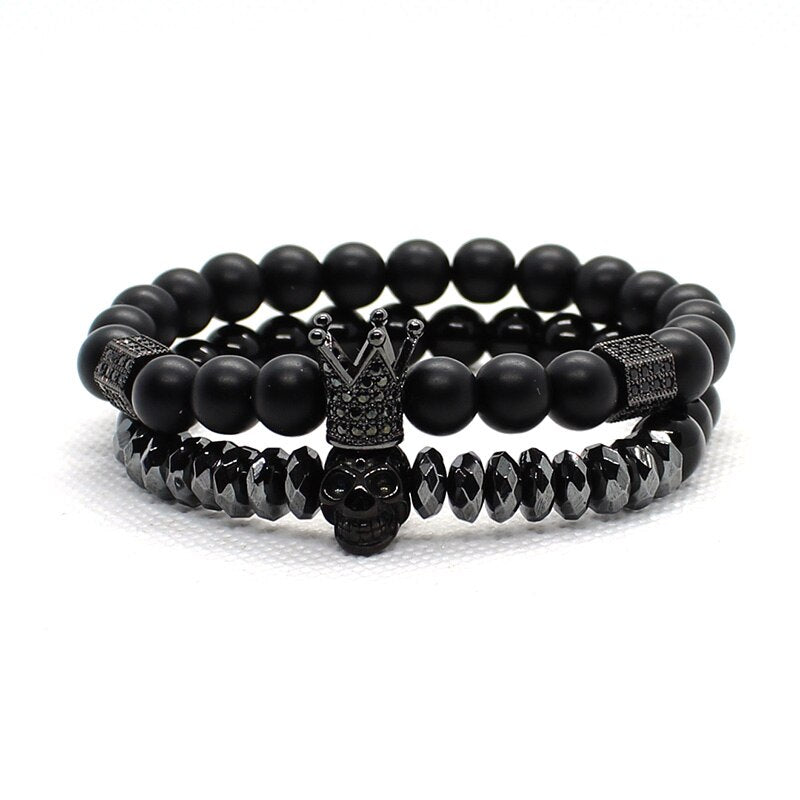 Matte Onyx Stone Beads Skull Bracelet Set Crown - Concordia Style Boutique