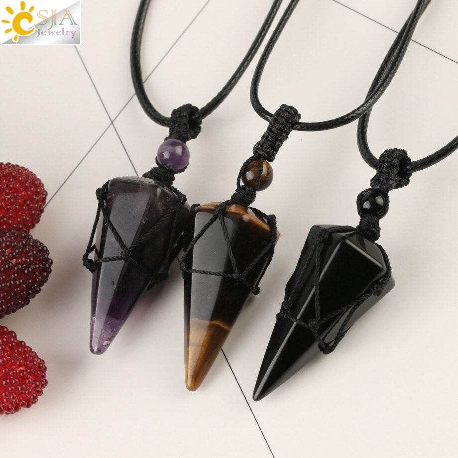 CSJA Natural Stone Cone Pendants Crystal Quartz Black Rope Wrapped Treatment Stones Necklace for Men Female Fashion Jewelry G173 - Concordia Style Boutique